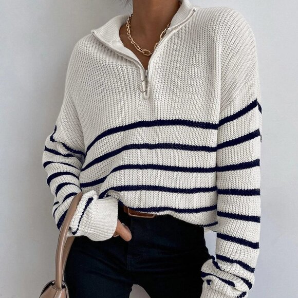 White Casual Womens Striped Drop Shoulder Zipper Front Sweater - Picture 1 of 5